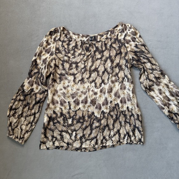 Mango Tops - Mango MNG Suit Blouse Womens 8 Large Brown Silk Balloon Sleeve Peacock‎ Feather